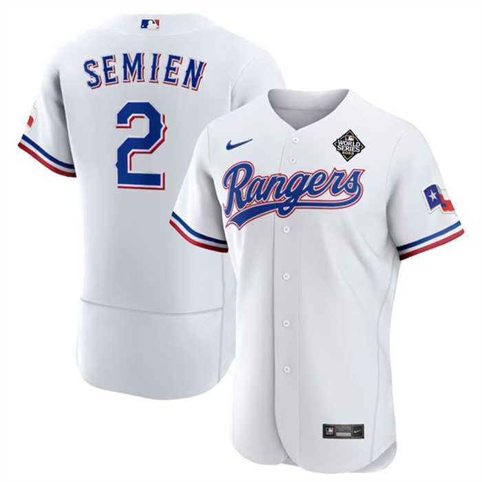 Mens Texas Rangers #2 Marcus Semien White 2023 World Series Flex Base Stitched Baseball Jersey Dzhi